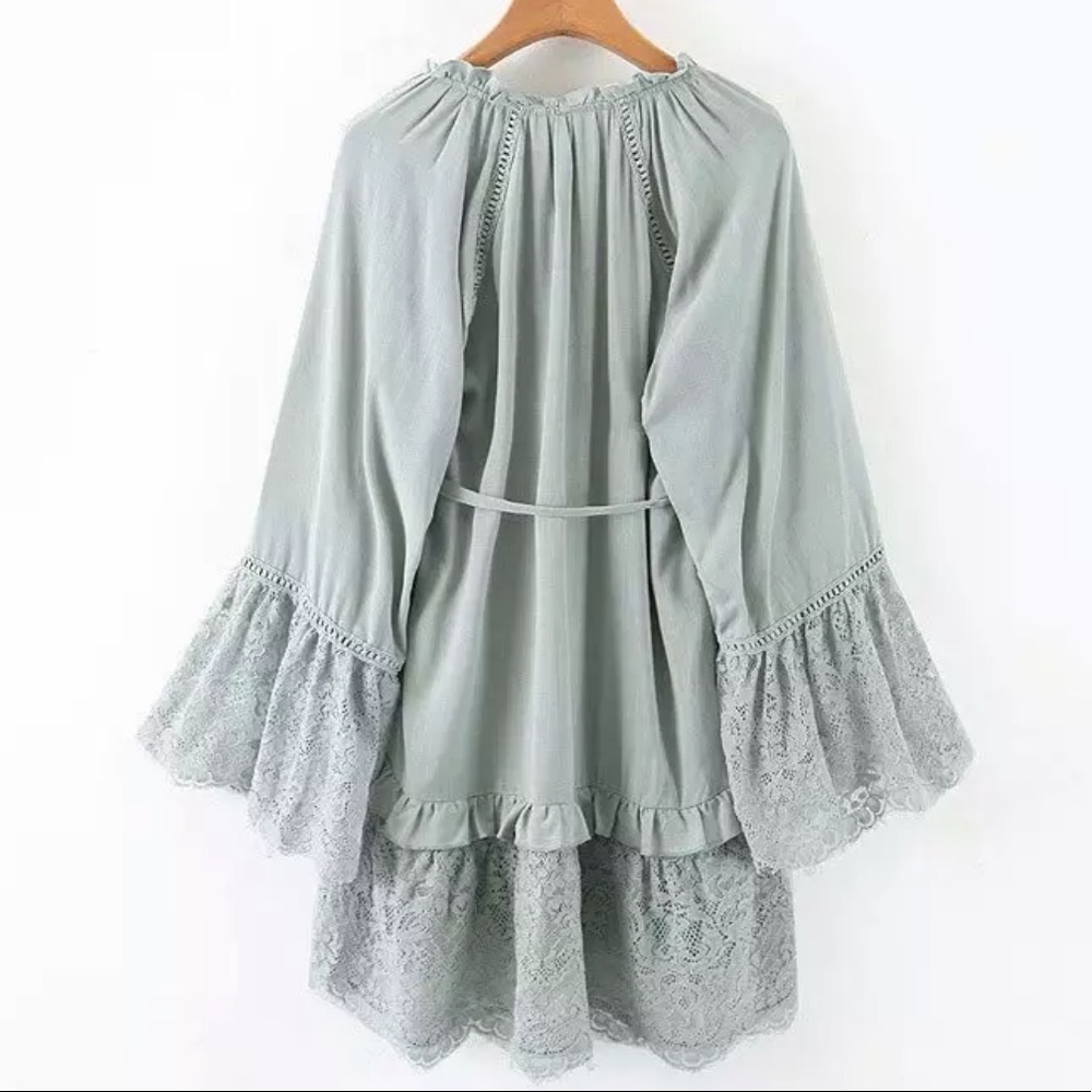 Lace Bell Sleeve Boho Gypsy Dress Mint Green-Blue - Picture 5 of 12